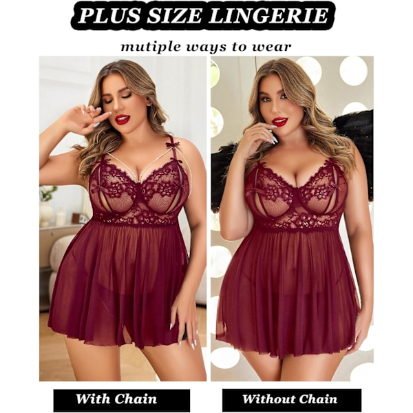 2025 Senaste Modell Stora Storlekar Underkläder Dam Spets Babydoll Sexig Chemise Nattkläder V-ringad Nattlinne Mesh Nattkläder Nattlinne L-5XL Vinröd