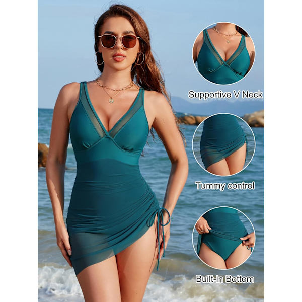 2025 Senaste Modell Dam Baddräkt Klänning Magekontroll Baddräkter Slimmande Mesh Transparent Sarong Omlott Baddräkt Blå Grön X-Large
