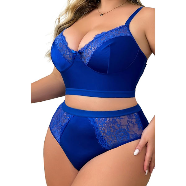 2025 Senaste Modell Dam Plus Size 2-Dels Underklädesset Blommigt Sexigt Mesh Skir V-ringning 3/4 Cup Spetskläder Blå 3X-Large