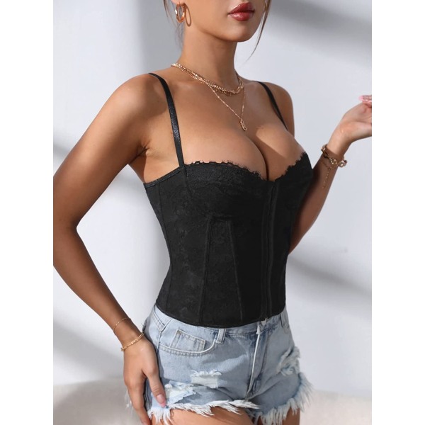 Kvinnors spetsbustier korsett topp spaghettiband kors kors Black XL