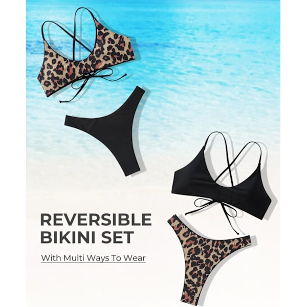 Högmidjad Tanga Bikini Set för Kvinnor Vändbar String 2-Dels Baddräkt 56 Leopard Stor