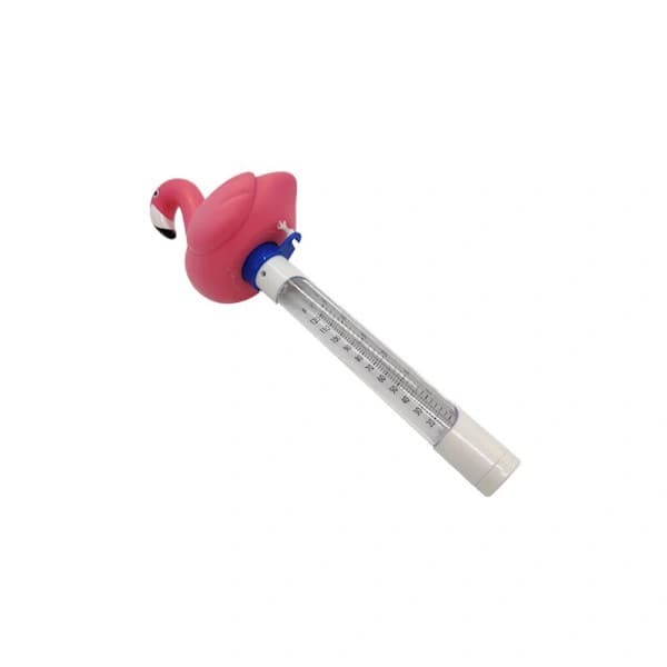 Ett flytende bassengtermometer (rosa).