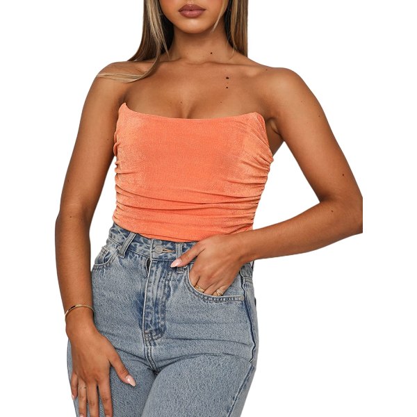 Kvinnors axelbandslös push up korsett crop top bandeau Orange L