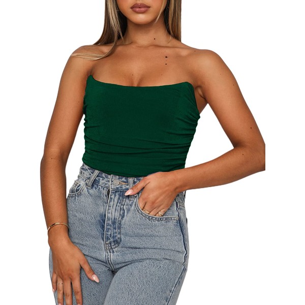 Kvinnors axelbandslös push up korsett crop top bandeau Darkgreen M