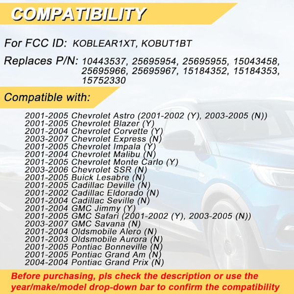 Nyckelbricka Ersättning för 2001-2005 Chevrolet Impala Monte Carlo GMC Safari Savana/Buick Cadillac Oldsmobile Pontiac Bil Nyckellös Entré