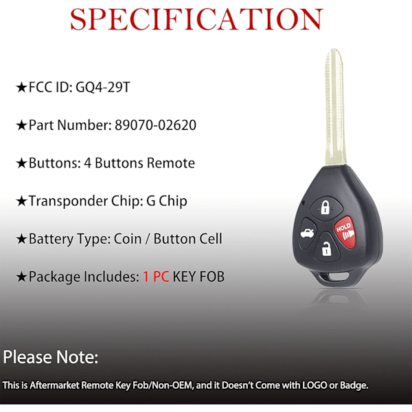 Nyckelbricka Fjärrkontroll Ersättning Passar Toyota 2009 2010 2011 2012 2013 2014 2015 2016 Venza/2010-2013 Corolla Keyless Entry Remote Co
