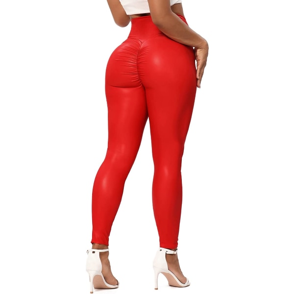 Kvinnors Leggings i Konstläder PU Elastiska Formande Höft #2 Ruched Red M