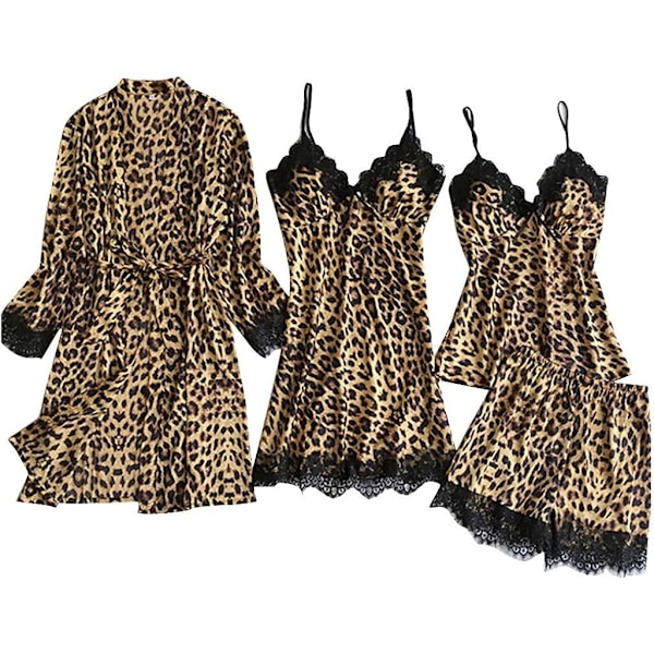 2025 Senaste Modell Satin Silk Nattlinne Dam Sexig Långärmad Leopardtryck Spetsunderkläder Morgonrockar Sling Sovkläder Pyjamasset Under