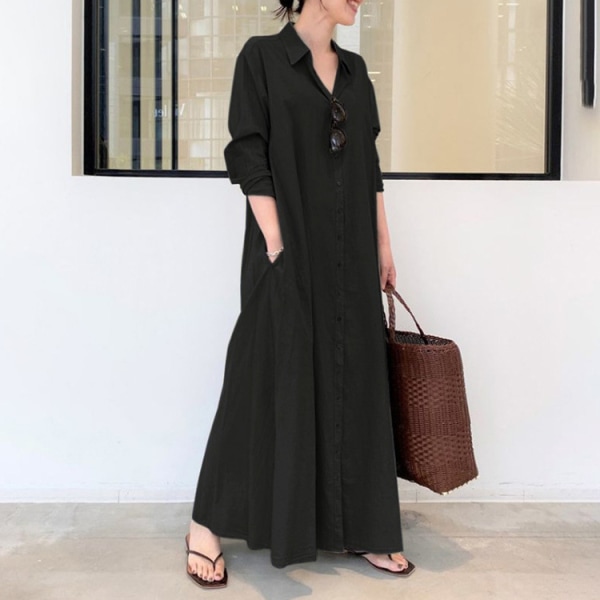 Enkel lös muslimsk långärmad klänning black 5XL
