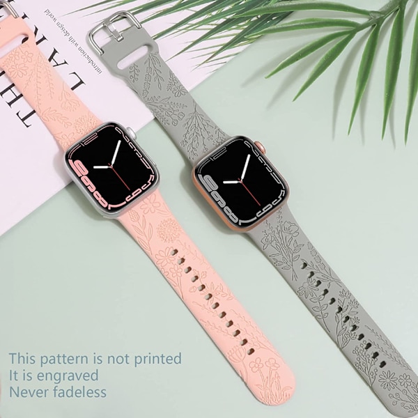 Blommig Graverad Silikonarmband Kompatibel med Apple Watch Grey Pink 42/44/45mm