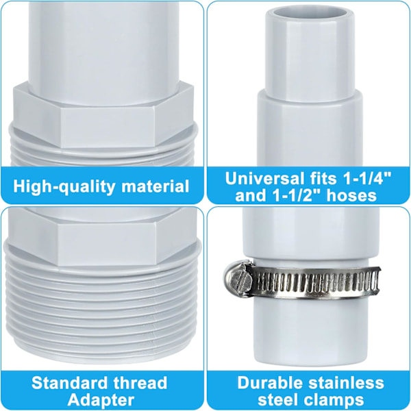 Högkvalitativt, helt nytt 4-pack Universal Combo Poolslangadapter 1-1/4\" eller 1-1/2\" Poolpumpslanganslutning Ersättning med klämmor
