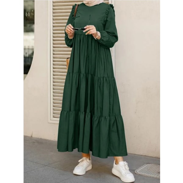 Muslimsk långklänning i ren färg med volanger och veckad hals green 4XL