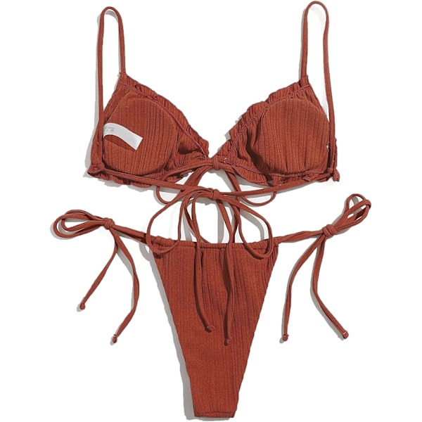 2025 Senaste Modell Sexig Ribbad Vadderad String Tanga Brasiliansk Bikini Baddräkt Set för Kvinnor Sidoknytning