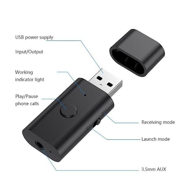 4-i-1 USB trådløs Bluetooth 5.3 AUX-adapter lydmottaker sender USB til 3,5 mm jack, egnet for datamaskiner, TV-er, a