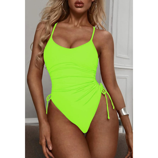Baddräkt för damer, rynkad, hög skärning, magkontroll, monokini, neongrön, Large