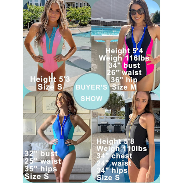 Baddräkt för damer, hel baddräkt med magkontroll, hög hals, dragkedja fram, monokini, färgblock, rash guard-badkläder, Färg 3, Small
