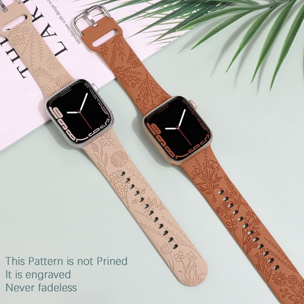 Blomstergraverat silikonband som är kompatibelt med Apple Watch Walnut Brown Brown 38/40/41mm