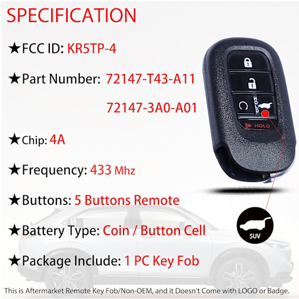 Smart Nyckel Fob Fjärrkontroll Ersättning Passar för 2023 2024 2025 Honda CR-V Pilot HRV KR5TP-4 Proxy Nyckellös Ingång Fjärrkontroll Tryck Start