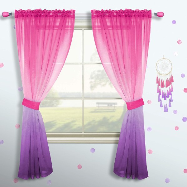 Rosa och lila gardiner för flickor i sovrumsinredning (enkel panel, 63 tums längd)