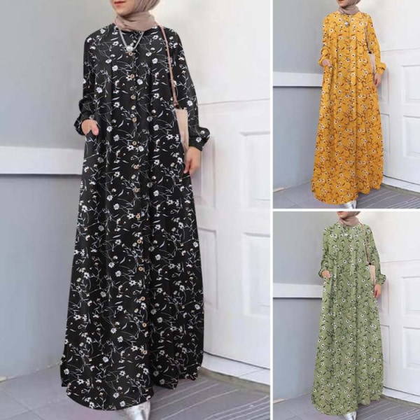 Elegant muslimsk lång blomklänning för kvinnor yellow 4XL