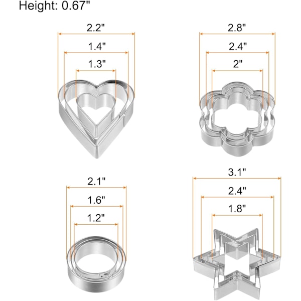 12 st Kakformar, Hjärta Rund Stjärna Blomma Forma Rostfritt Stål Keks Kakform för Kök Bakning