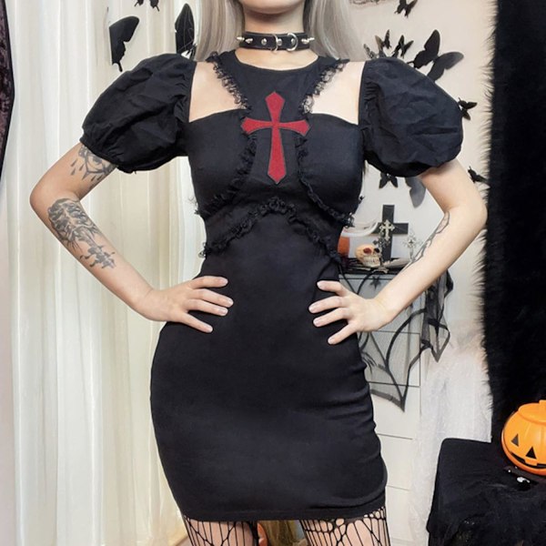 2025 Senaste Modellen Sommarklänningar för Kvinnor Svart Spets Bodycon Gotisk Hög Midja Rutig Goth Grunge Punk Klänning S-2XL