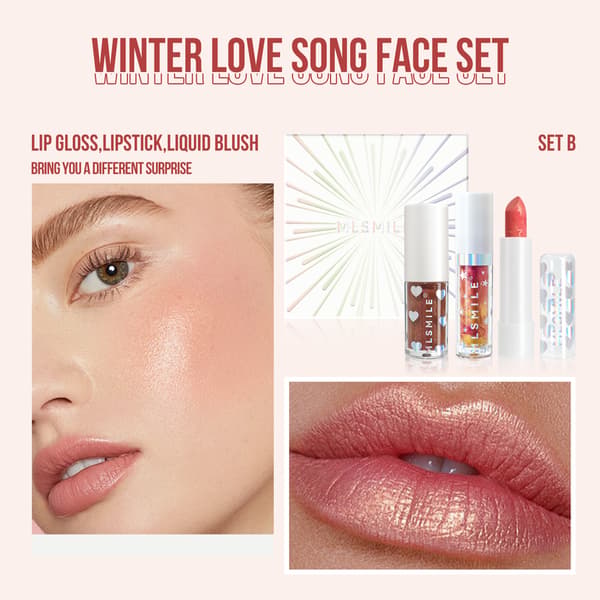 Læbestift, læbeglans, blush 3-i-1 sæt, ansigtsmakeup sæt A