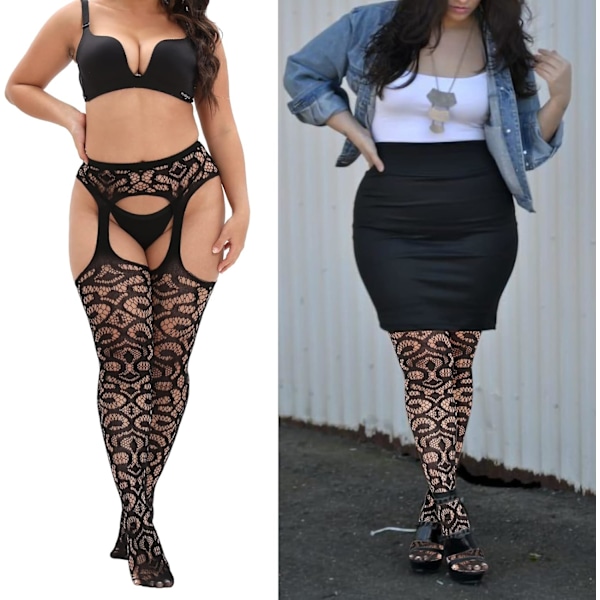 2025 Senaste Modell Plus Size Lårhöga Strumpor Dam Hängslen Livrem Mönstrade Fisknätsstrumpbyxor 2st-svart-02 One Size Plus