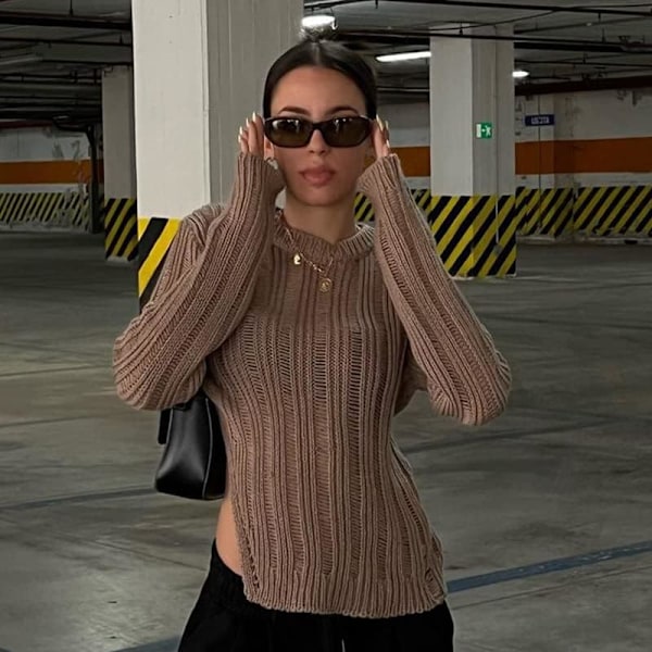 2025 Senaste Modell Dam Stickad Virkad Utskuren Fisknätstopp Långärmad Genomskinlig Nättröja Sexig Klubb Streetwear