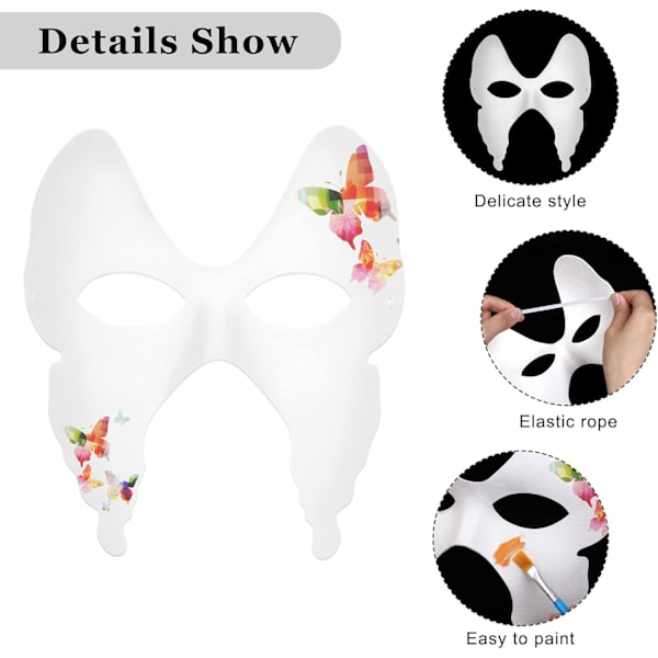 2025 Senaste Modell 24 Stycken Vita Pappersmasker Halvmaskeradmasker DIY Handmålade Masker med Snören Färger Penslar Mardi G