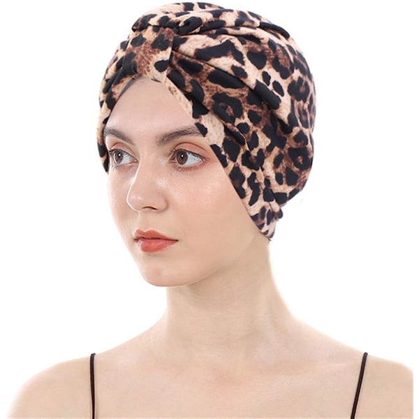 Bomulls turban med satinfoder, dubbellagers mössa för kemoterapi Leopard Print