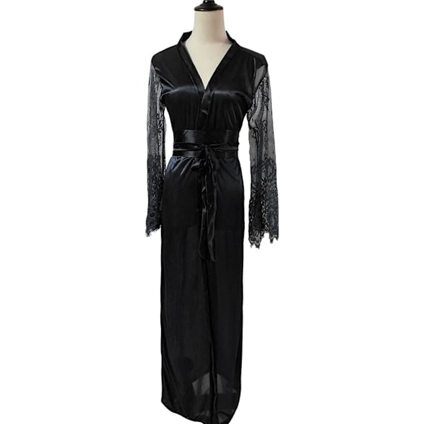 2025 Senaste Modell Spets Långt Sovplagg Nattlinne Underkläder Morgonrock Satin Sexig Siden Dam Underkläder för Kvinnor Plus Size (Svart