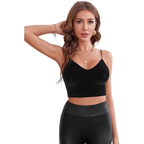 Kvinnors PU Läder V-hals Spaghetti Rem Cami Crop Top Black Velvet XL