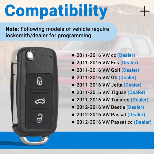 Nyckelbricka Fjärrkontroll Kompatibel med 2011-2016 VW Volkswagen Tiguan Touareg Jetta Beetle CC Eos Golf GTI Passat Bilnyckel Ersättning (NBG