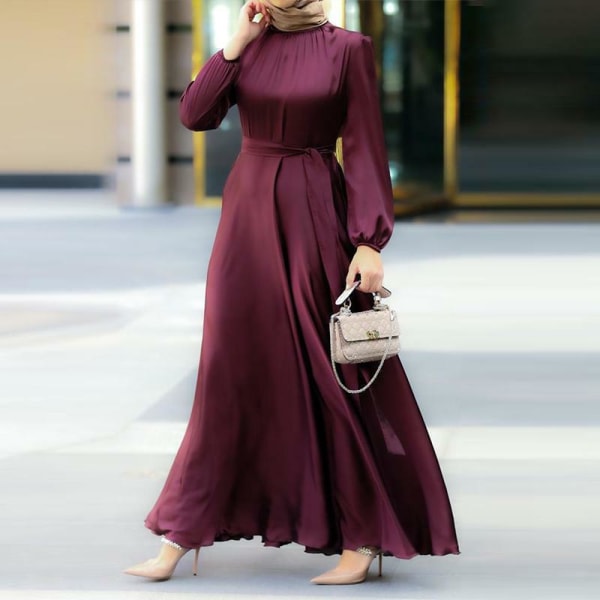 Muslim Daily Leisure Klänning med rund krage med långt bälte wine red XL