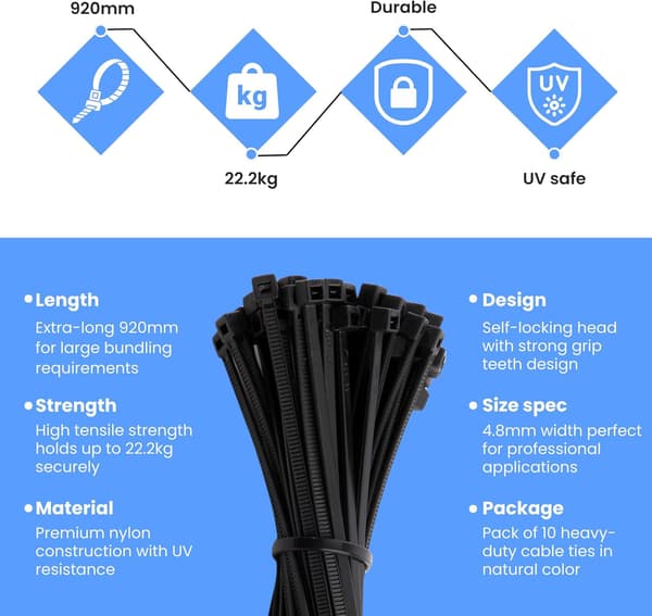 Kabelbindere - 900mm x 9mm - 36\" Premium Kabelbindere - Ekstra lange nylonstrips (10, sort)