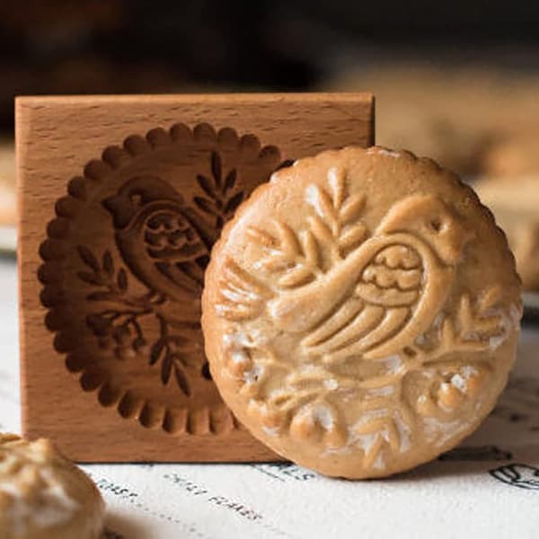 2025 Seneste Model Træ Cookieforme, 3D Udskåret Træ Cutter Prægeforme, Cookie Biscuit Form Bage Cookie Form Træ Cookie Stempel