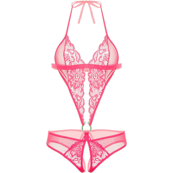 2025 Senaste Modell Dam Djup V Underkläder Spets Teddy One Piece Babydoll Mini Bodysuit Rosröd Stor