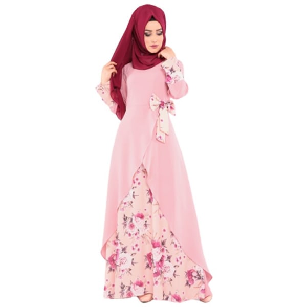 Muslimsk klänning med löst printed , Slim Fit, långärmad tröja Pink S