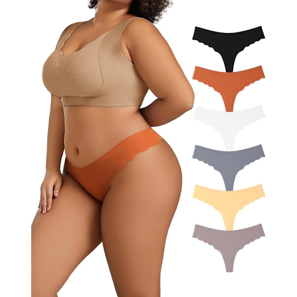2025 Senaste Modell 6-pack Dam Plus Size Sömlösa Stringtrosor, Andningsbara Stretch No Show Underkläder, Sexiga Osynliga Vågkant Trosor 4