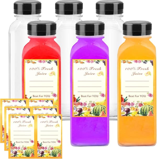 Plastjuiceflaskor - återanvändbara klara PET-flaskor med förseglingslock (6-pack)
