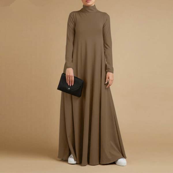 Elegant muslimsk enfärgad höghalsad långärmad klänning brown L