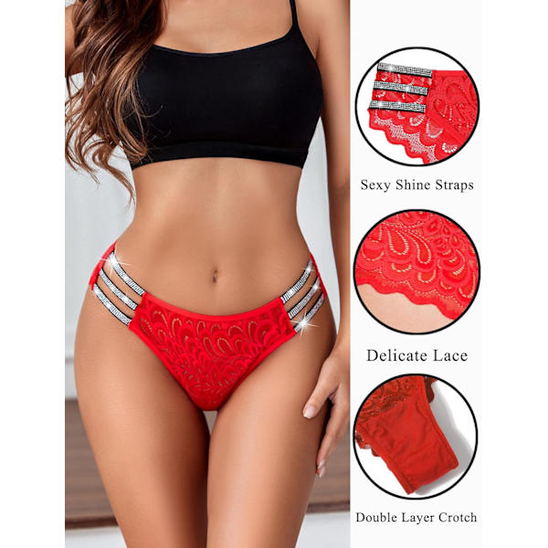 2025 Senaste Modell Kvinnor Sexiga Trosor Spets Glitter Trosa Cheeky Bikini Underkläder 1-4 Pack Karminröd X-Large