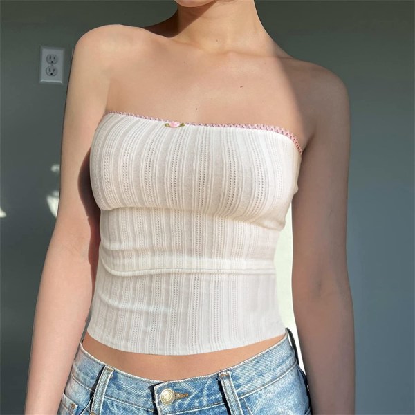 Dam Denim Push Up Bustier Tube Top Axelbandslös Button Up #W White S