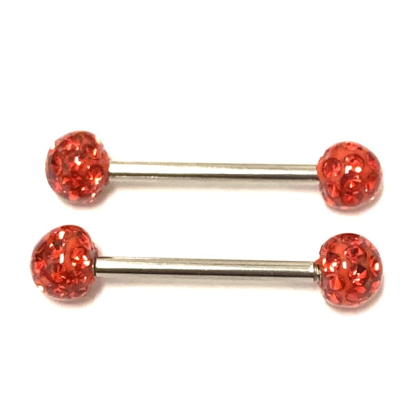 2 st barbell Piercing med Kristaller runtom Röd,5mm kulor,10mm lång