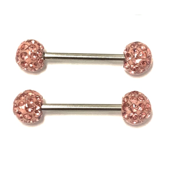 2 st barbell Piercing med Kristaller runtom Rosa,6mm kulor,10mm lång