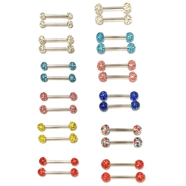 2 st barbell Piercing med Kristaller runtom Multifärg,6mm kulor,10mm lång
