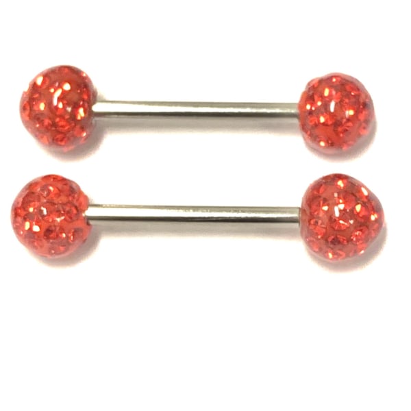 2 st barbell Piercing med Kristaller runtom Röd,6mm kulor,40mm lång 