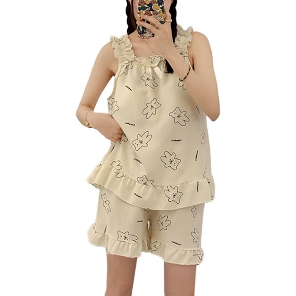 Dam Pyjamas Set Ärmlös Tank Top Casual Shorts Mjölksiden Mjuk Hudvänlig 2-Delar Sommarsovkläder Björnmönster XL