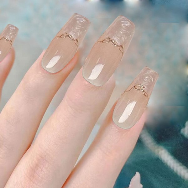 Långa tryckta naglar, Medium Coffin-form, Nagelkonst med 3D Lyxdesign, Återanvändbara Falska Naglar, 10 st med Relaterat Nagelset, 4 Storlekar